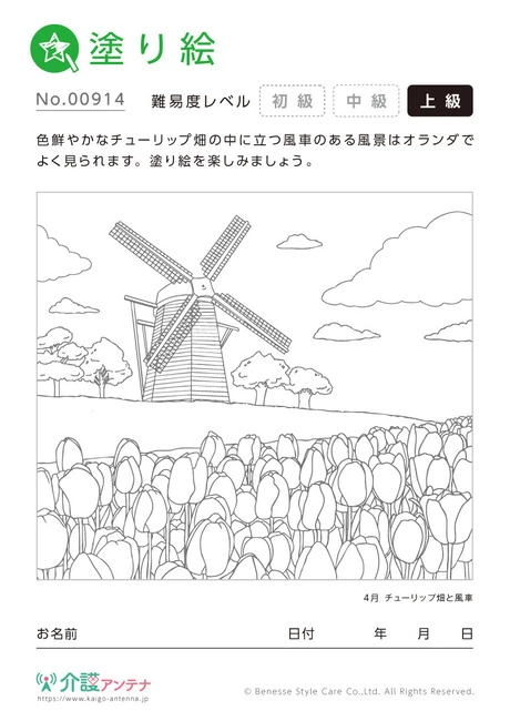 塗り絵「チューリップ畑と風車」 - No.00914 (上級/塗り絵の介護レク素材)