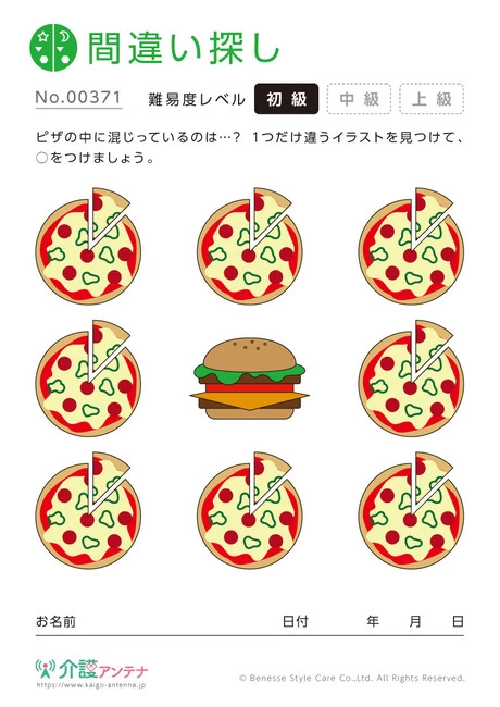 1つだけ違うものを探す間違い探し「ピザ」 - No.00371