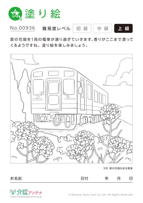 塗り絵「菜の花畑を走る電車」 - No.00936 (上級/塗り絵の介護レク素材)