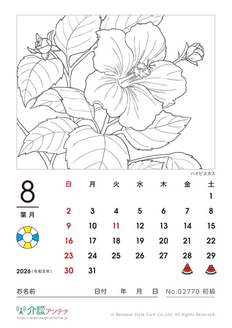 2026年8月の塗り絵カレンダー「ハイビスカス」 - No.02770 (初級/カレンダー作りの介護レク素材)