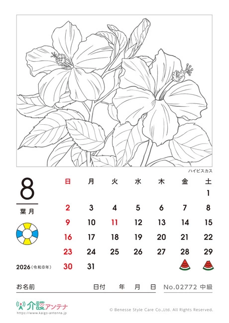 2026年8月の塗り絵カレンダー「ハイビスカス」 - No.02772 (中級/カレンダー作りの介護レク素材)