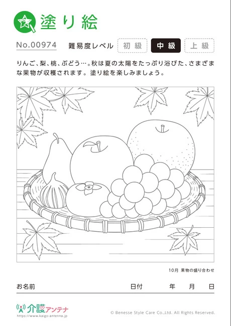 塗り絵「果物の盛り合わせ」 - No.00974 (中級/塗り絵の介護レク素材)