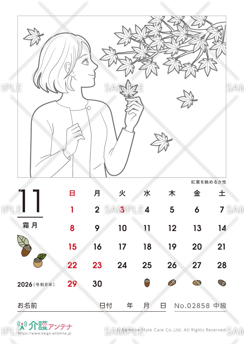 2026年11月の美人画の塗り絵カレンダー「紅葉を眺める女性」 - No.02858