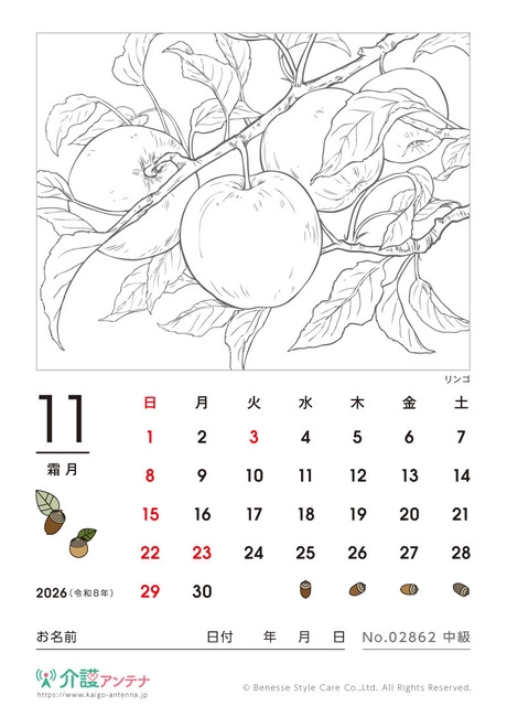 2026年11月の塗り絵カレンダー「リンゴ」 - No.02862 (中級/カレンダー作りの介護レク素材)