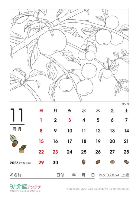 2026年11月の塗り絵カレンダー「リンゴ」 - No.02864 (上級/カレンダー作りの介護レク素材)