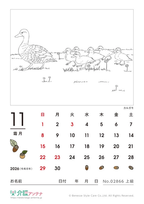 2026年11月の塗り絵カレンダー「カルガモ」 - No.02866 (上級/カレンダー作りの介護レク素材)