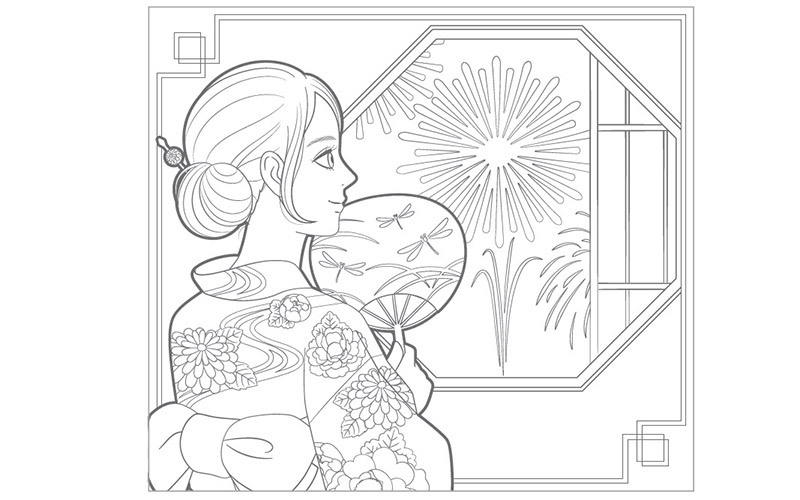 美人画の塗り絵 花火を眺める浴衣姿の女性 No 高齢者向け塗り絵の介護レク素材 介護アンテナ