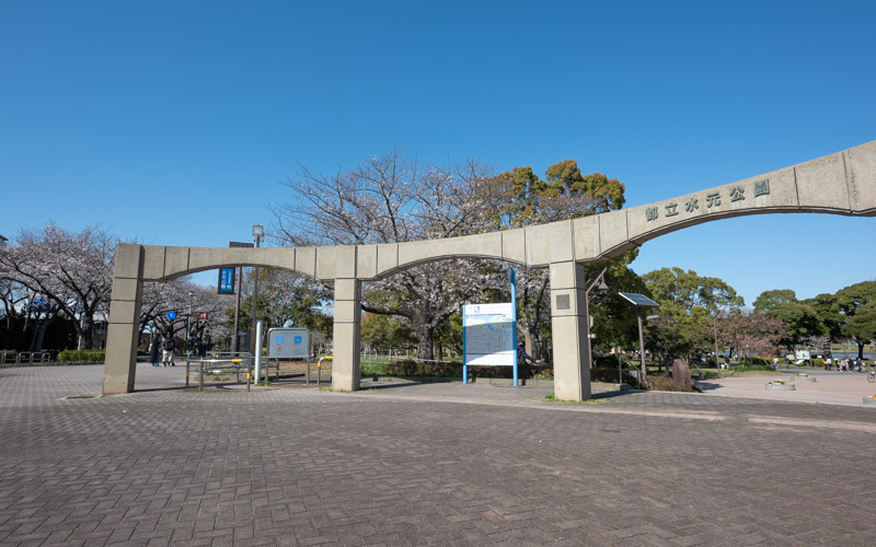 メインゲートが建てられている噴水広場前は、舗装された路面のため車椅子でも走行しやすい。