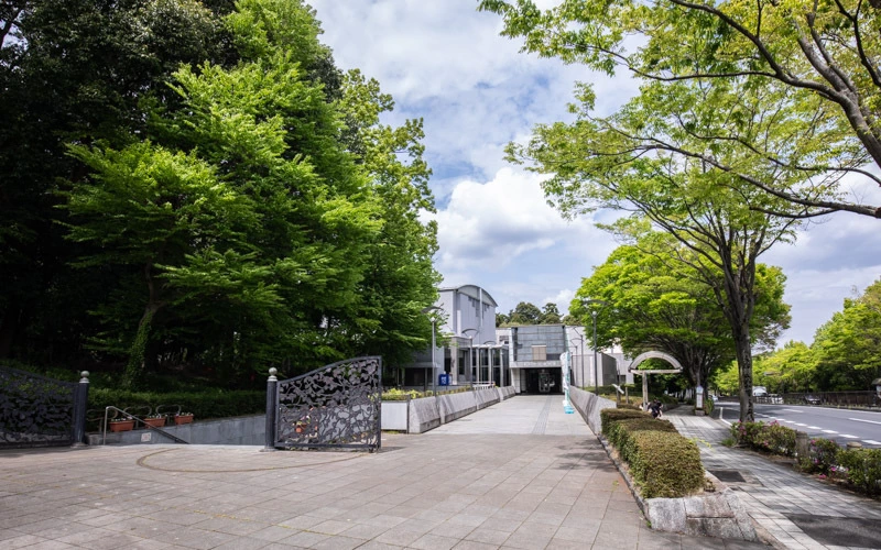 博物館入口もフラットな作りとなっている。左にある階段か博物館入口手前にあるエレベーターを使うと、地下道を通り道路の反対側にある「森のホール21」・「21世紀の森と広場・中央口」へも行くことができる。