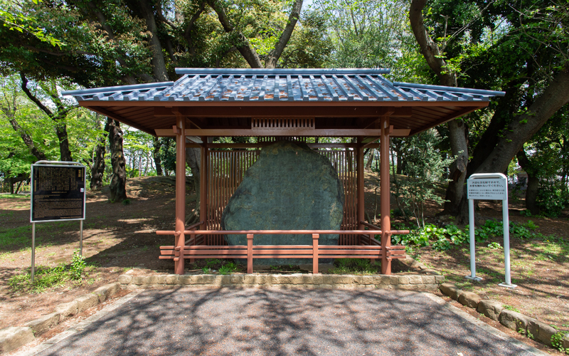 公園中央付近にある「飛鳥山碑」。徳川吉宗の顕彰のため1737年に建立され、東京都指定有形文化財となっている。									