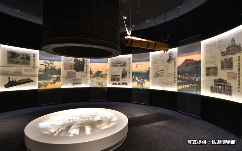 新館3階の「歴史ステーション」。140余年の歴史をもつ日本の鉄道の歴史を大きく6つの時代にわけ、紹介している。									