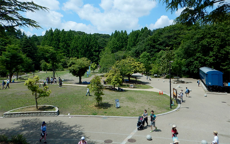生田緑地の中心に位置する中央広場。機関車や古い電車の車両も展示されている。