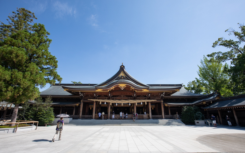 御祭神をお祀りする社殿。白い石畳と御神木との調和に神々しさを感じる。