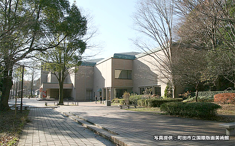 芹ヶ谷公園内にある町田市立国際版画美術館。階段横にスロープが設置されている。