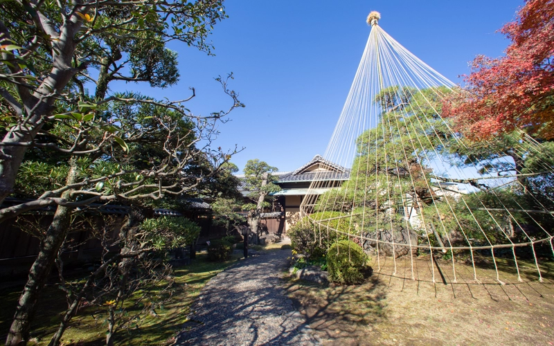 四季折々の魅力を持つ庭園とそこから見える山本亭。紅葉シーズンがおすすめ。